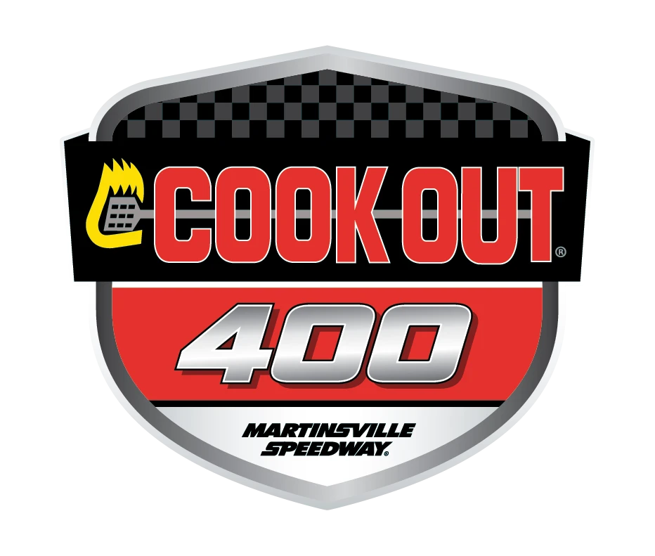 Logo for the NASCAR Cook Out 400 Race. A black badge with red and white font. The number 400 is in white. The name Cook Out is in red and shows a flaming spatula behind it.
