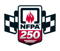 Logo for the NASCAR NFPA 250 race. A white rectangle backed by waving checkered flags. The title NFPA in thick black font. The numbers 250 in thick white font, back by a red rectangle. A red flame rests above NFPA.